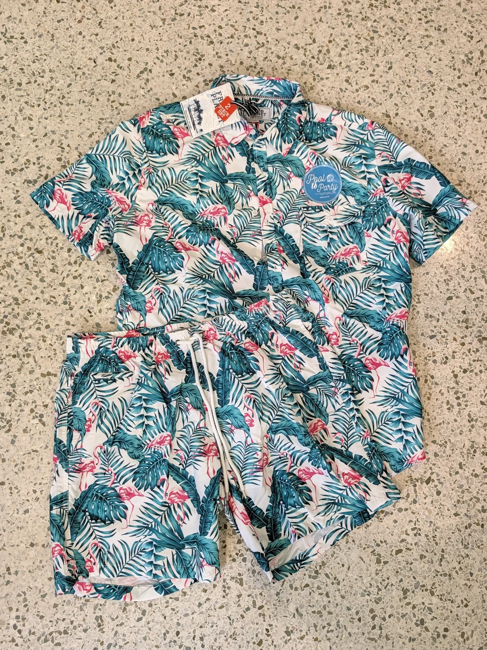 NWT Free Planet Men's 2 Piece Tropical Flamingo Surf & Swim Set